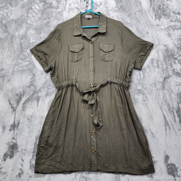J for Justify Dress Womens XL Green Collared Short Sleeve Tie Waist Pockets - Picture 1 of 9